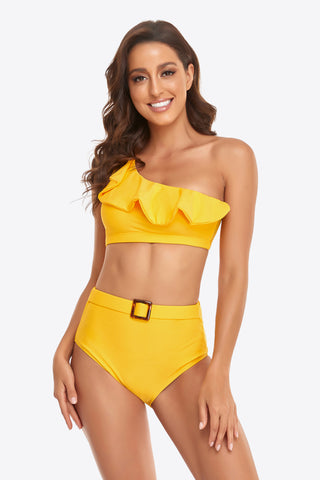 Ruffled One-Shoulder Buckled Bikini Set Divacious