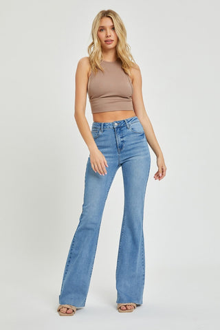 Full Size High Rise Raw Cut Hem Bootcut Jeans Divacious