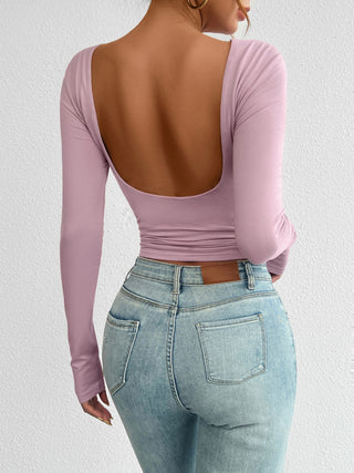 Backless Round Neck Long Sleeve T-Shirt Divacious