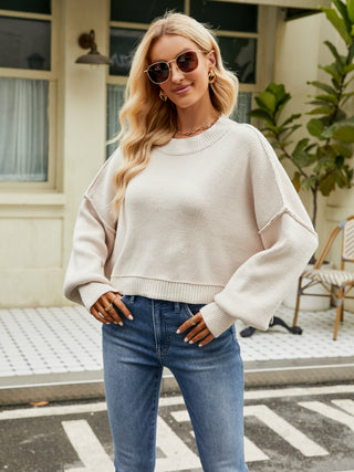 Round Neck Lantern Sleeve Sweater Divacious