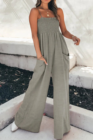 Smocked Spaghetti Strap Wide Leg Jumpsuit Divacious