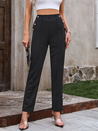 Decorative Button Elastic Waist Pants - Divacious