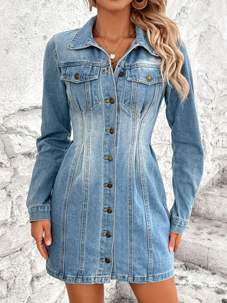 Pocketed Button Up Long Sleeve Denim Dress Divacious