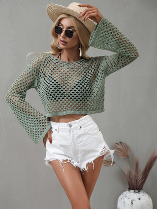 Openwork Flare Sleeve Cropped Cover Up Divacious