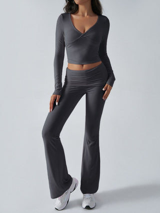 Ruched Long Sleeve Top and Pants Set - Divacious