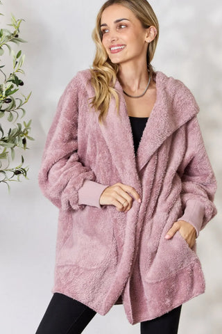 H&T Faux Fur Open Front Hooded Jacket Divacious