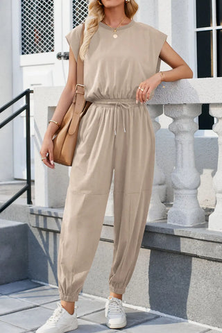 Round Neck Cap Sleeve Jumpsuit Divacious