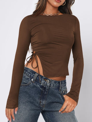 Tied Slit Round Neck Long Sleeve T-Shirt - Divacious