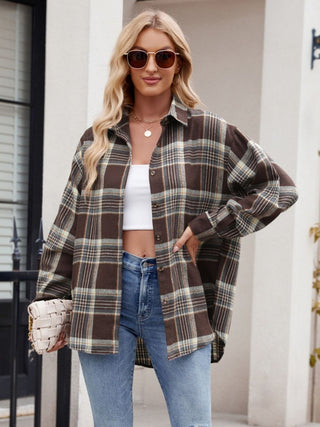 Pocketed Plaid Collared Neck Long Sleeve Shirt Divacious