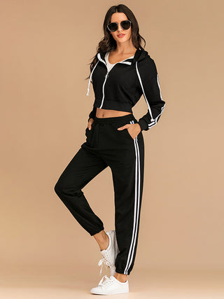 Drawstring Side Stripe Zip Up Hooded Top and Pants Set - Divacious