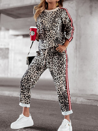 Leopard Round Neck Long Sleeve Top and Pants Set - Divacious