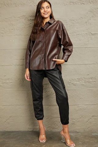 e.Luna Vegan Leather Button Down Shirt Divacious