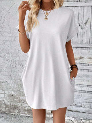 Pocketed Round Neck Short Sleeve Dress Trendsi