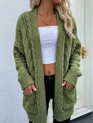 Woven Right Cable-Knit Open Front Cardigan with Front Pockets Divacious