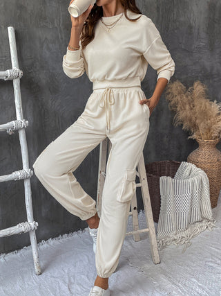 Perfee Round Neck Long Sleeve Top and Pants Set Trendsi