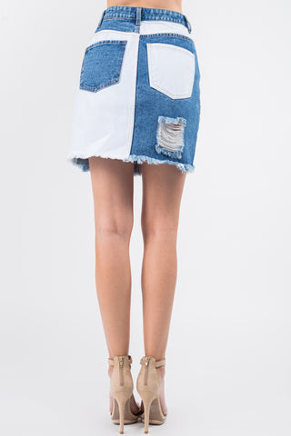 Contrast Patched Frayed Denim Distressed Skirts Divacious