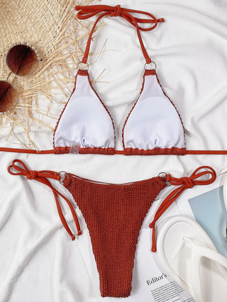 Textured Halter Neck Tie Side Bikini Set Divacious