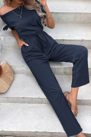 Off-Shoulder Tie Cuff Jumpsuit with Pockets Divacious