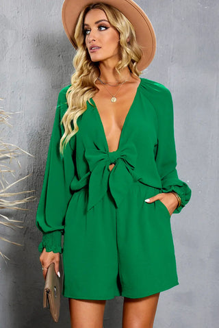 Tied Flounce Sleeve Plunge Romper Divacious