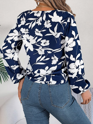 Printed V-Neck Long Sleeve Blouse Divacious