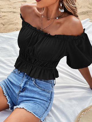 Off-Shoulder Frill Trim Peplum Top Divacious