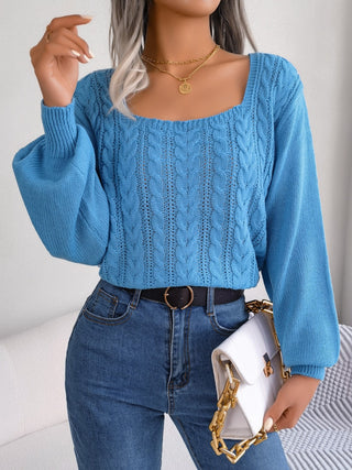 Cable-Knit Square Neck Long Sleeve Sweater Divacious