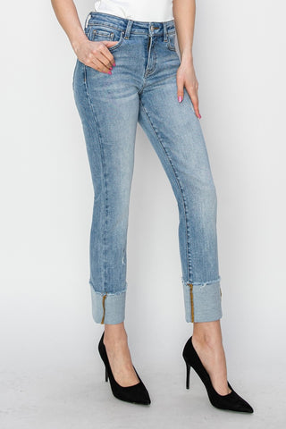 Full Size High Rise Cuffed Slim Straight Jeans Divacious