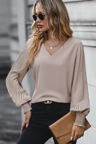 Pleated Lantern Sleeve V-Neck Blouse Divacious