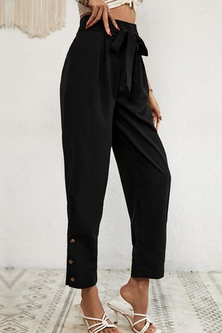 Buttoned Tie-Waist Cropped Pants Divacious