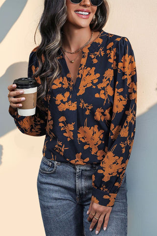 Printed Notched Long Sleeve Blouse Divacious