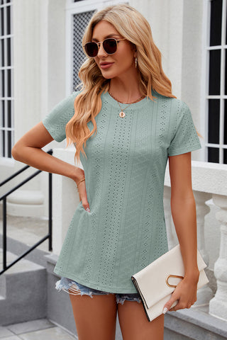 Eyelet Slit Round Neck Short Sleeve T-Shirt Divacious