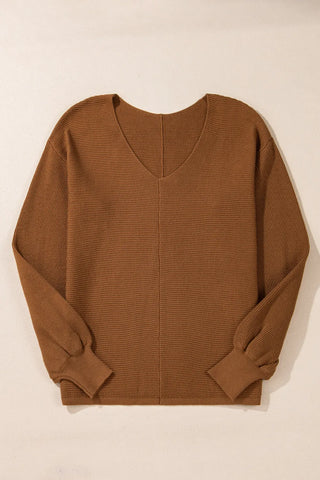 V-Neck Dropped Shoulder Long Sleeve Sweater - Divacious