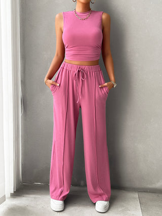 Devine Mock Neck Sleeveless Top and Drawstring Pants Set Trendsi