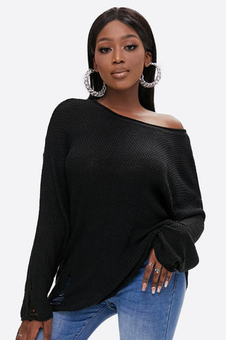 Round Neck Distressed Drop Shoulder Sweater Divacious