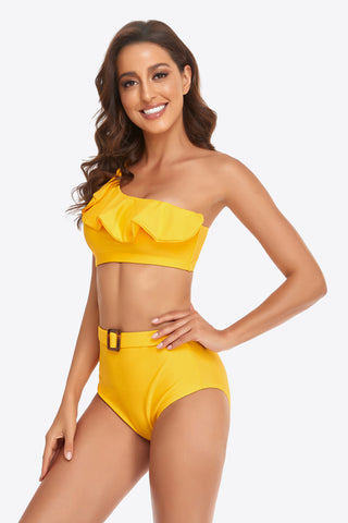 Ruffled One-Shoulder Buckled Bikini Set Divacious