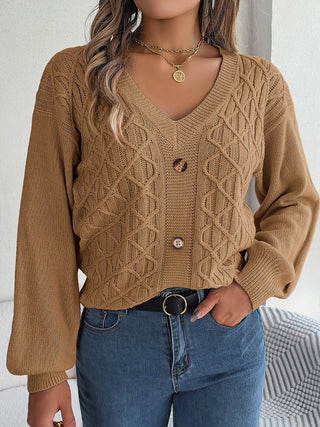 Cable-Knit V-Neck Lantern Sleeve Sweater Divacious