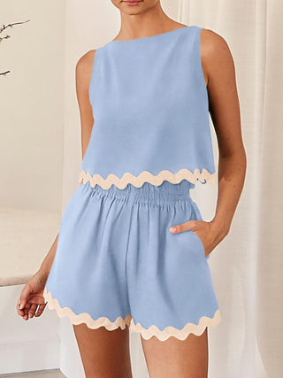 Contrast Trim Round Neck Top and Shorts Set Trendsi