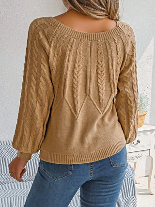 Cable-Knit Round Neck Long Sleeve Sweater Divacious