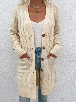 Cable-Knit Button Down Cardigan with Pockets Divacious