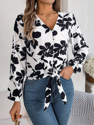 Printed V-Neck Long Sleeve Blouse Divacious