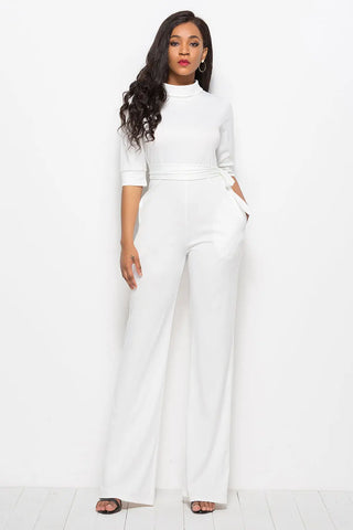 Mock Neck Tie-Waist Half Sleeve Jumpsuit Divacious