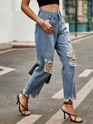 Distressed Raw Hem Jeans with Pockets - Divacious