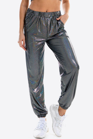 Glitter Elastic Waist Pants with Pockets Divacious