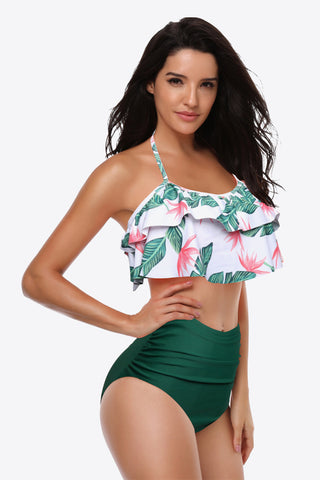 Two-Tone Ruffled Halter Neck Two-Piece Swimsuit Divacious