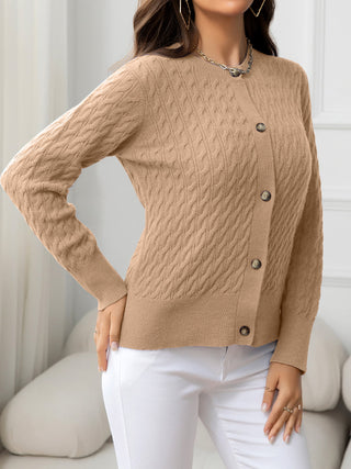 Round Neck Cable-Knit Buttoned Knit Top Divacious