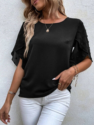 Swiss Dot Round Neck Half Sleeve Blouse Divacious