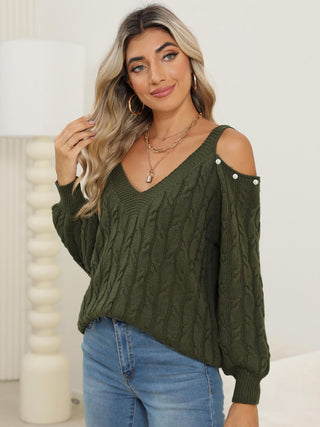 Cable-Knit Cold Shoulder Sweater - Divacious