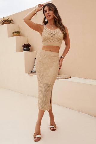 Openwork Cropped Tank and Split Skirt Set Trendsi