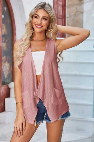 Eyelet Open Front Sleeveless Cardigan Divacious