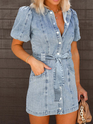 Puff Sleeve Button Up Mini Denim Dress Divacious